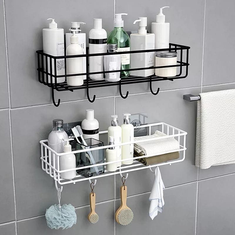 Wall Mounted Bathroom Hanging Shelf, Iron Shampoo Holder, Wall Mounted Floating Rack With Hooks, Bathroom Shower Storage Rack Wall Mounted Bathroom Hanging Shelf, Iron Shampoo Holder, Wall Mounted Floating Rack With Hooks, Bathroom Shower Storage Rack